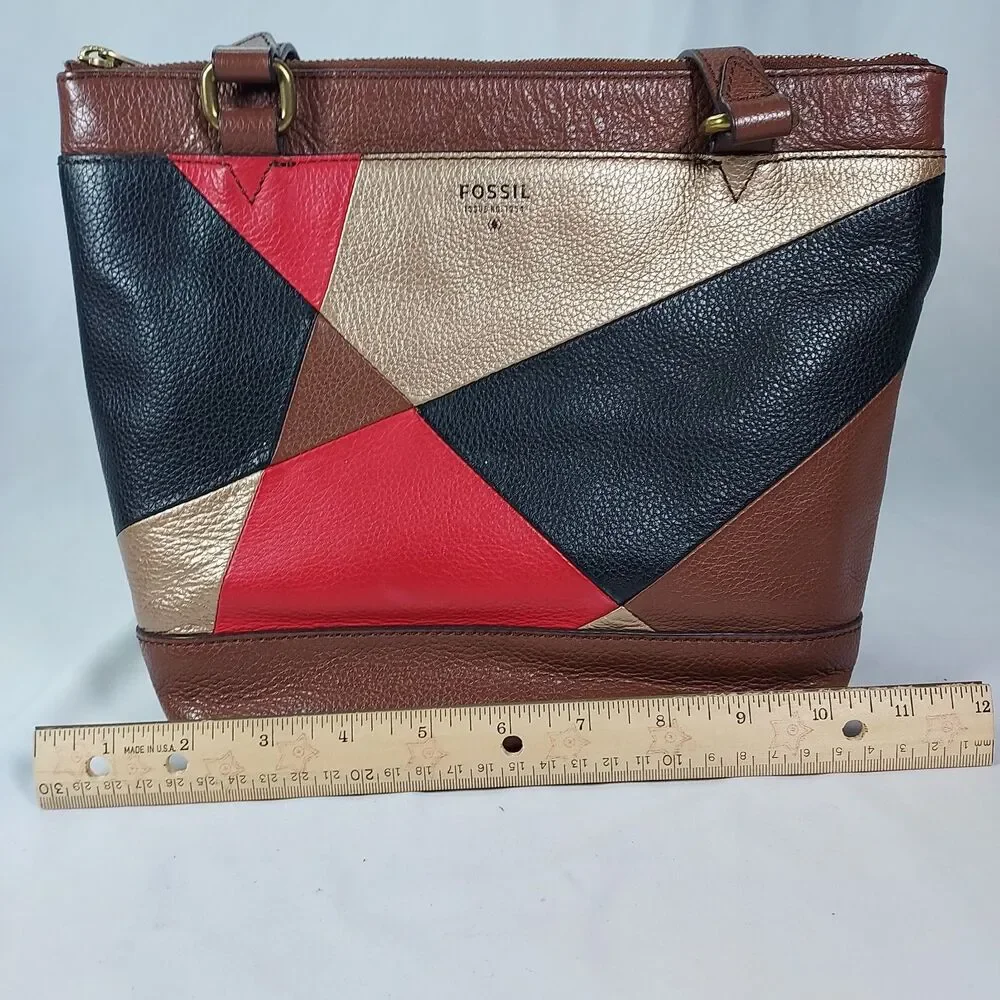 Fossil Issue No 1954 Patchwork Leather Tote Bag Multicolor Brown Shoulder Purse